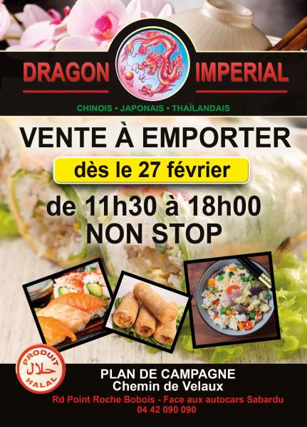 Vente à emporter tous les jours de 12h00 à 14h45 et de 19h00 à 22h45